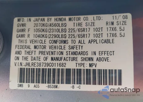 2009 Honda Cr-V Ex-L from USA, damaged, VIN JHLRE38739C011682